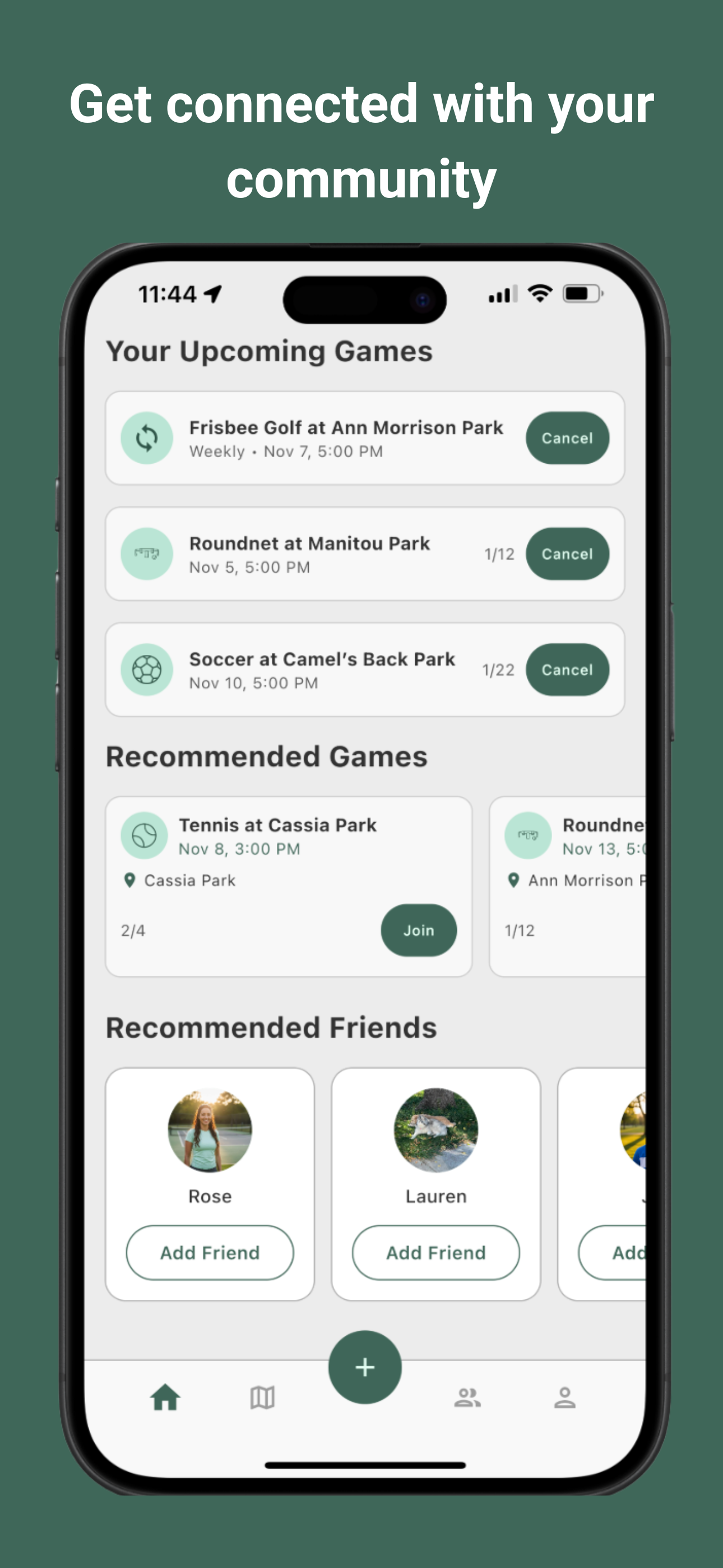 Home screen showing upcoming games and recommendations