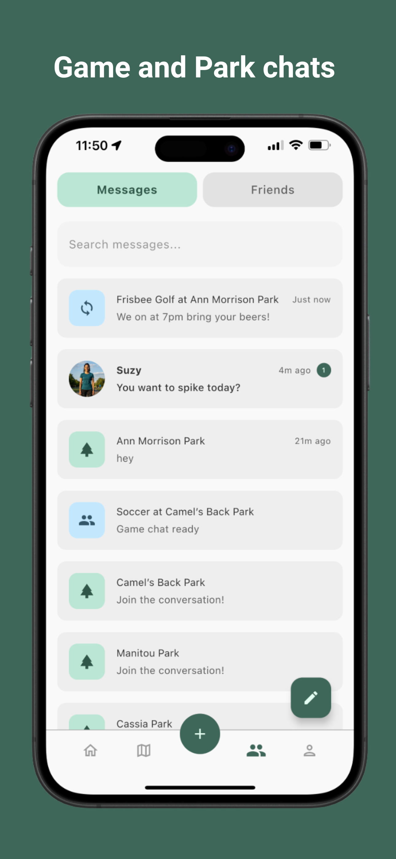 Messages view showing game and park chats