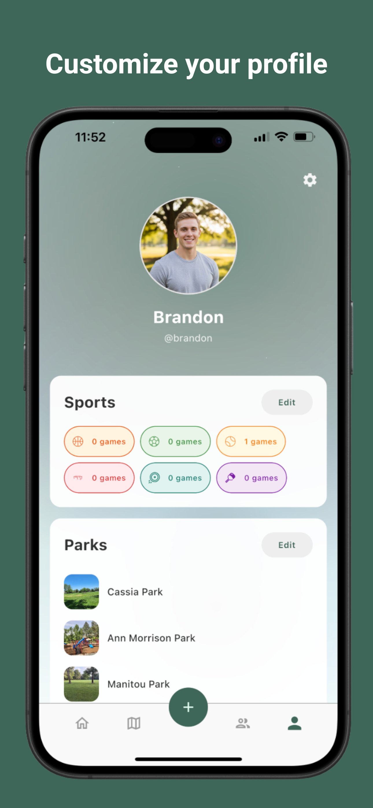 User profile with sports and park preferences