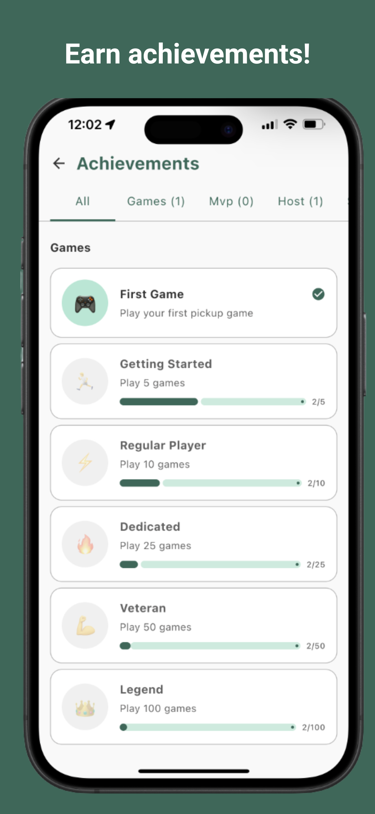 Achievements screen showing game milestones