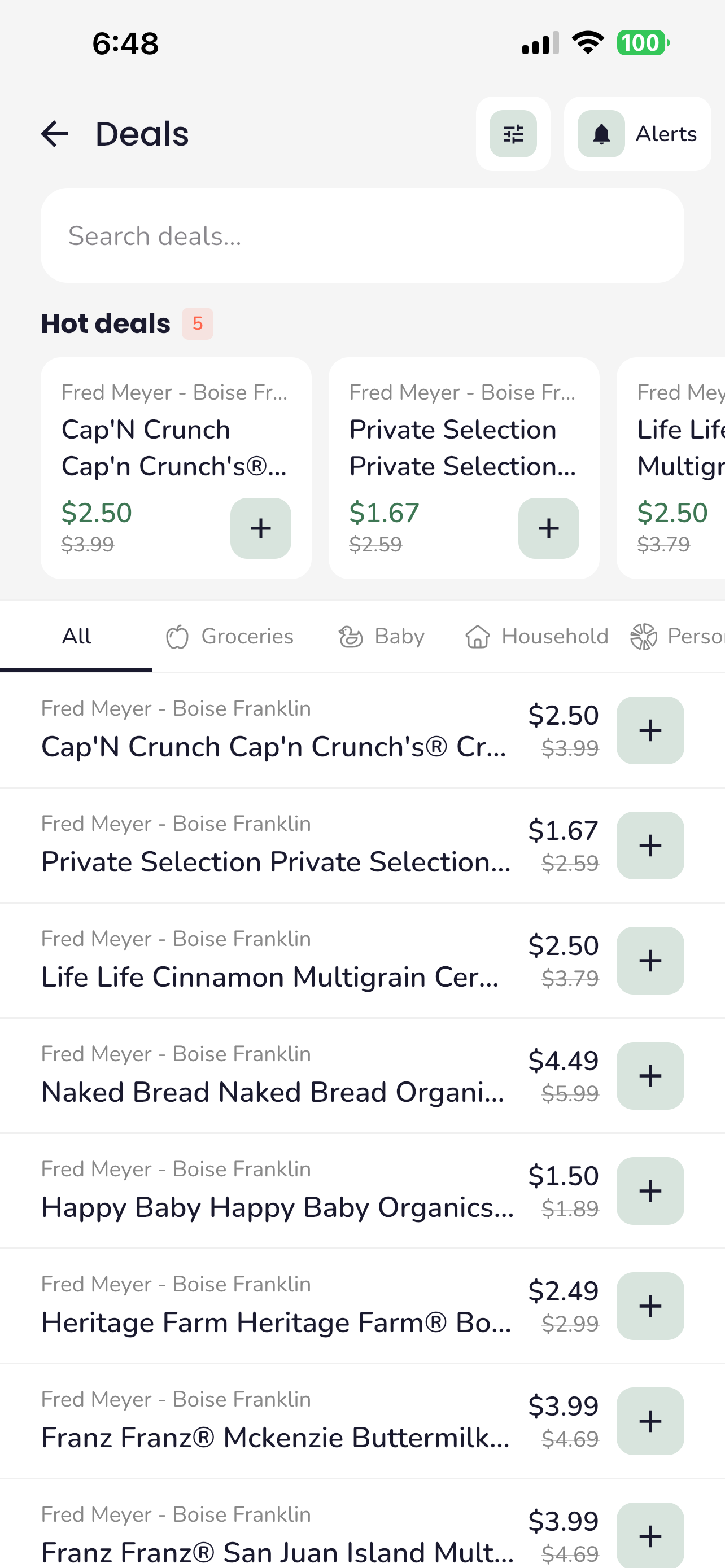 Deals screen showing hot deals and category-filtered deal listings