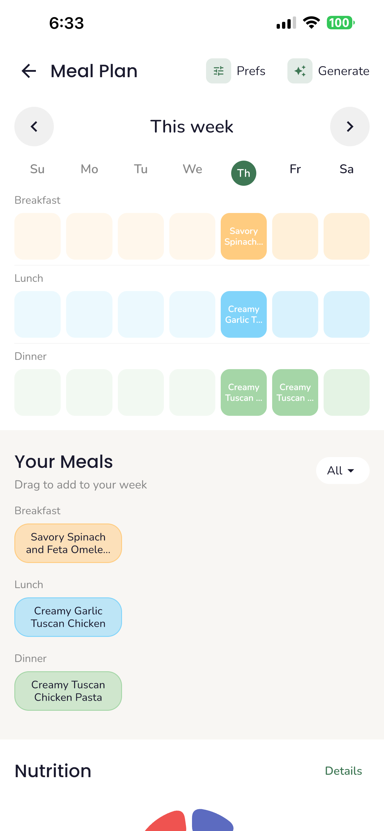 Weekly meal plan calendar with drag-and-drop meal placement