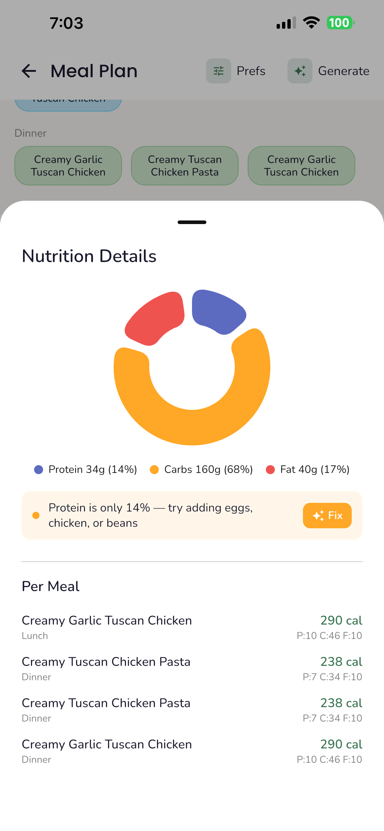Nutrition details bottom sheet showing macros and per-meal calorie breakdown