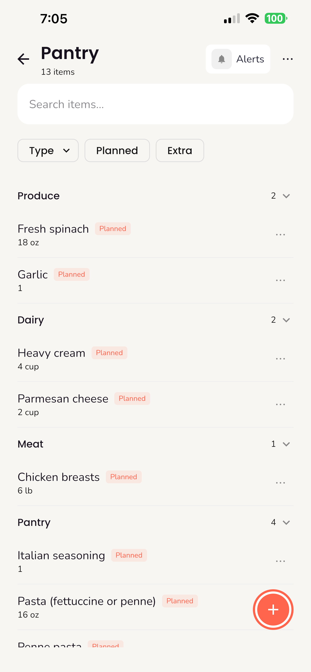 Pantry screen showing planned ingredients organized by category